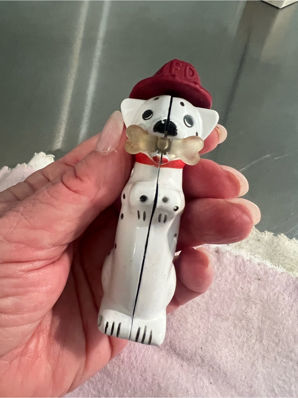 Metal Enamel Dalmatian Fire Dog Figure White with Black Spots & Red Fire Hat